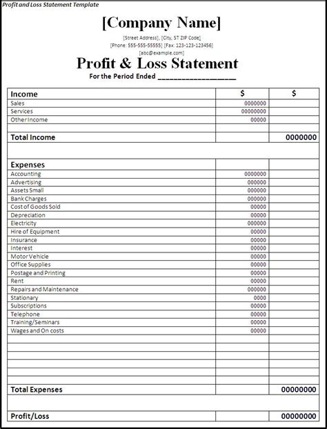 Profit And Loss Simple Template