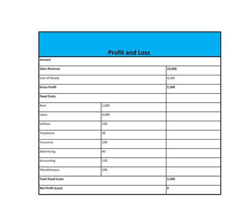 Profit And Loss Template Free Printable