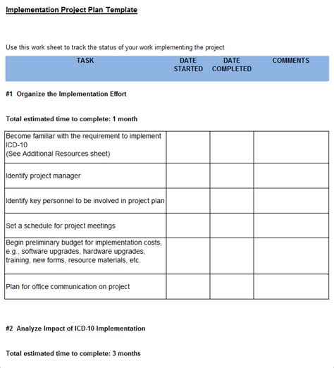 Project Implementation Plan Template Free