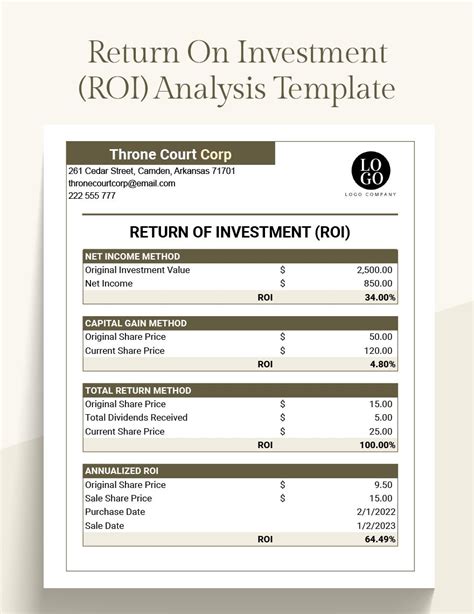 Project Return On Investment Template