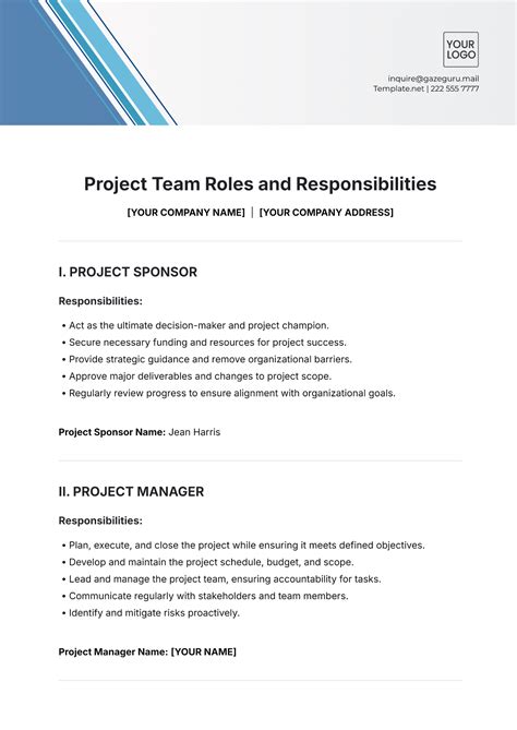 Project Team Roles And Responsibilities Template