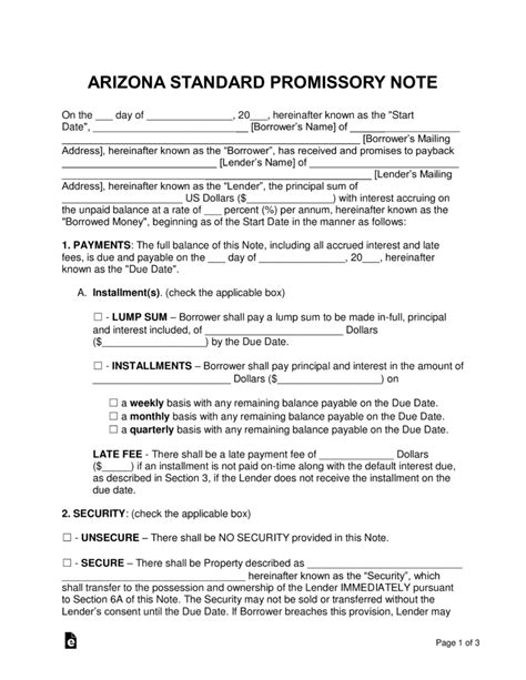 Promissory Note Template Arizona