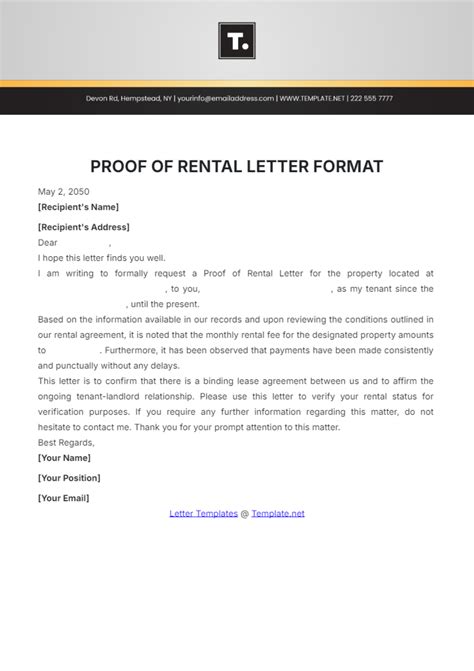 Proof Of Rent Letter Template