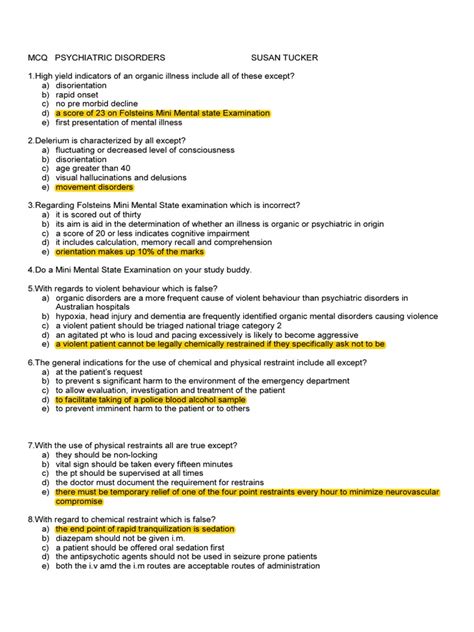 Psychiatry Mcqs With Answers Epub