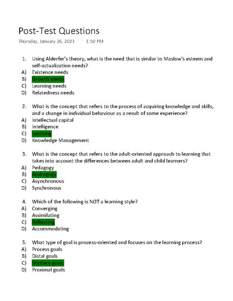 Psychology Post Test Answers Epub