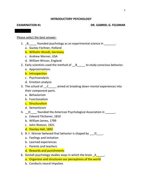 Psychology Progress Test 1 Answers Myers PDF