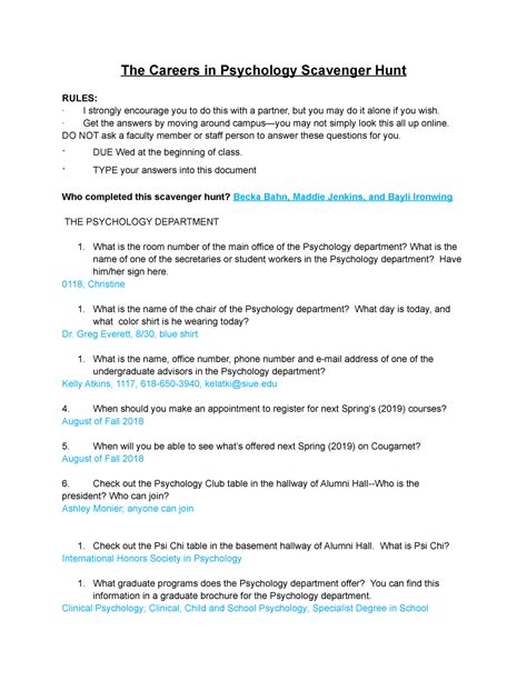 Psychology Scavenger Hunt Answers Doc