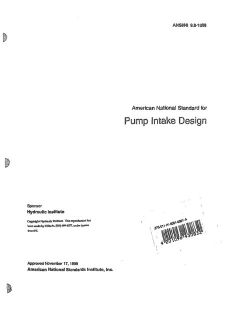 Pump Intake Design - ANSI/HI 9.8: 1998 - pumps PDF Doc