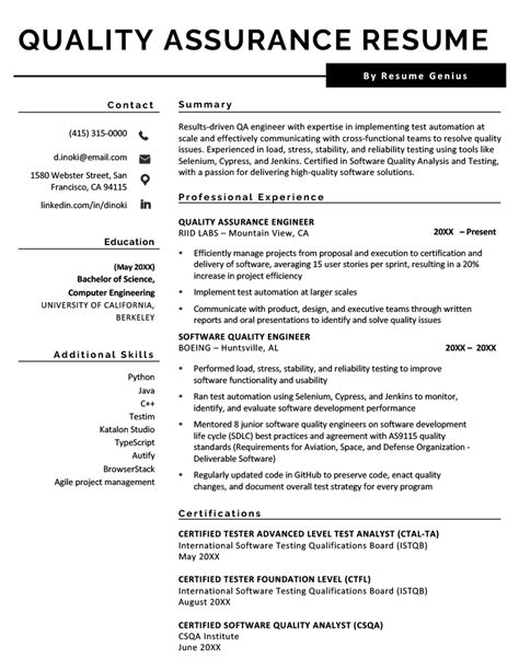 Qa Resume Template