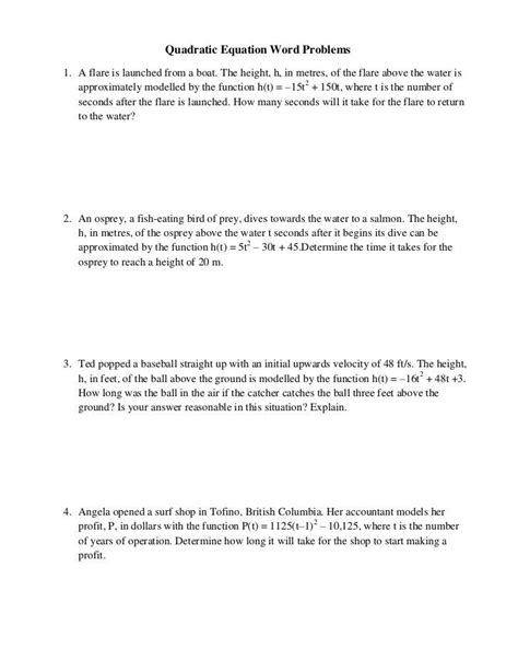 Quadratic Equation Word Problems Worksheet With Answers Reader