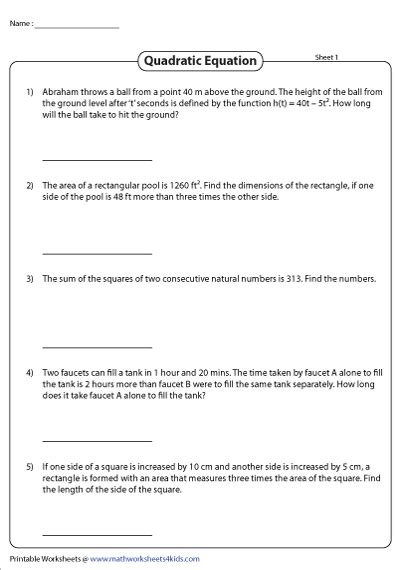 Quadratic Formula Word Problems Answers Doc