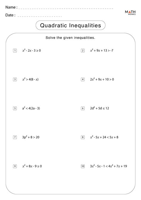 Quadratic Inequalities Worksheet With Answers Reader