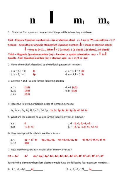 Quantum Numbers Worksheet Answers PDF