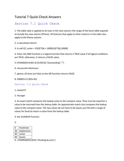 Quick Check Tutorial 2 Excel Answers Doc