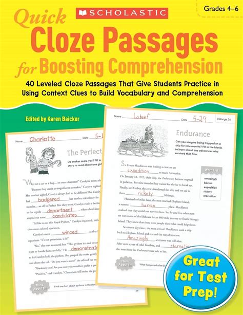 Quick Cloze Passages for Boosting Comprehension 4-6 40 Leveled Cloze Passages That Give Students Practice in Using Context Clues to Build Vocabulary and Comprehension Reader