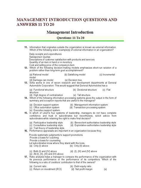 Quiz On Introduction To Management With Answers PDF