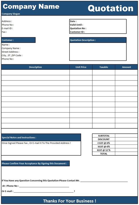 Quotation Template Excel Free Download
