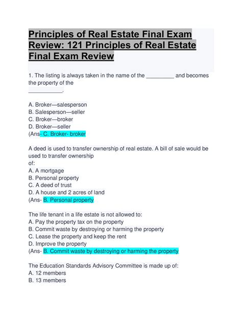 REAL ESTATE PRINCIPLES TEST ANSWERS Ebook PDF