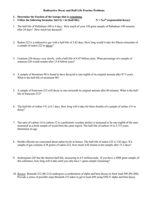 Radioactive Decay And Half Life Practice Problems Answers Doc