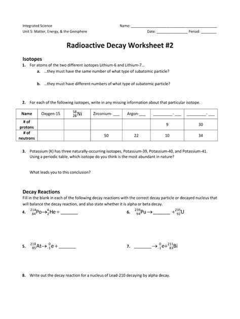 Radioactive Decay Worksheet 2 Answers Kindle Editon