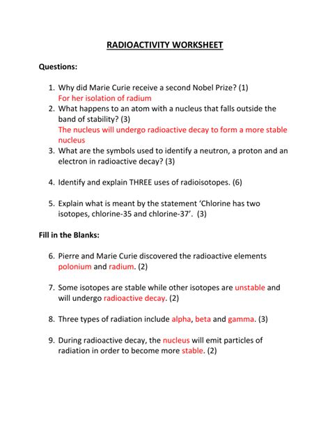 Radioactivity Worksheet With Answers Doc