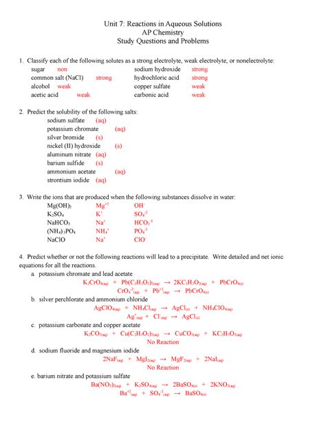 Reactions In Aqueous Solutions Worksheet Doc