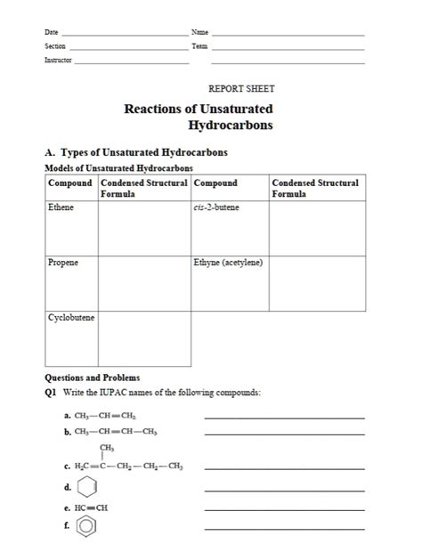 Reactions Of Hydrocarbons Answer Sheet PDF