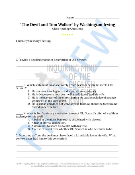 Reading Comprehension Questions The Devil And Tom Walker Answers Doc