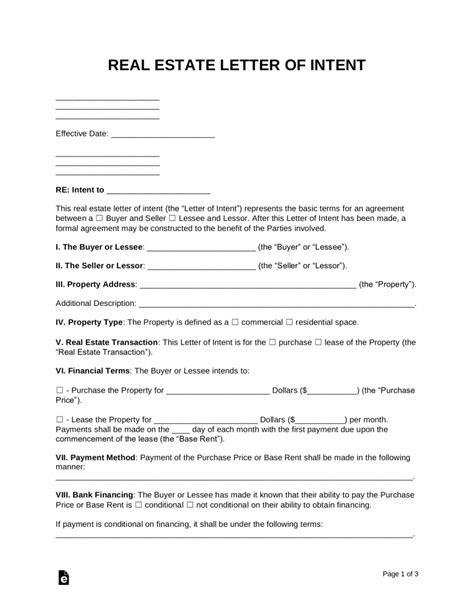 Real Estate Letter Of Intent Template
