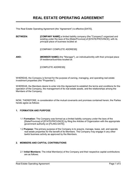 Real Estate Operating Agreement Template