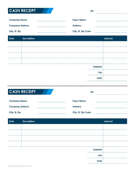 Receipt For Cash Payment Template