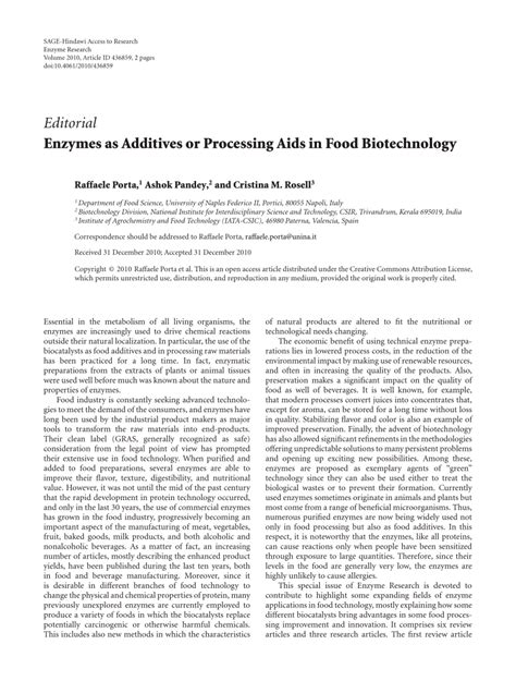 Recent Research Developments in Food Biotechnology Enzymes as Additives or Processing Aids Reader