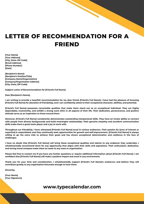 Recommendation Letter Template For A Friend