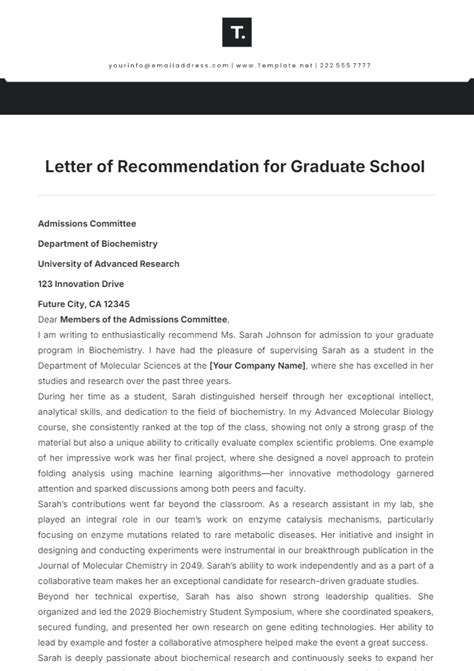 Recommendation Letter Template For Graduate School