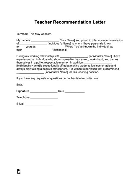 Recommendation Letter Template For Teacher