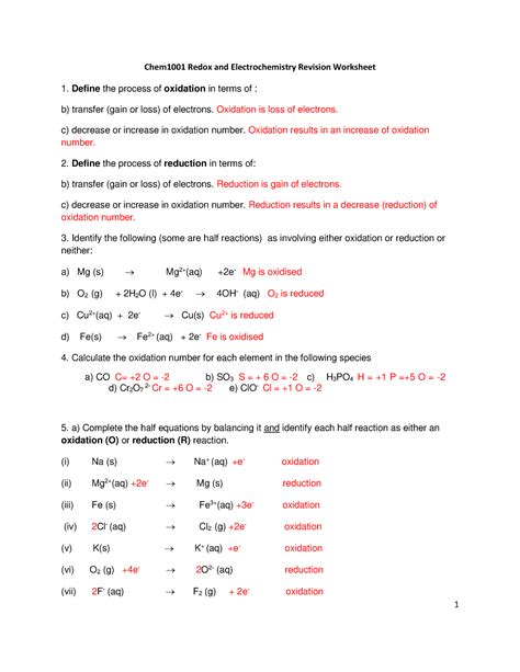 Redox And Electrochemistry Sheet Answers Reader