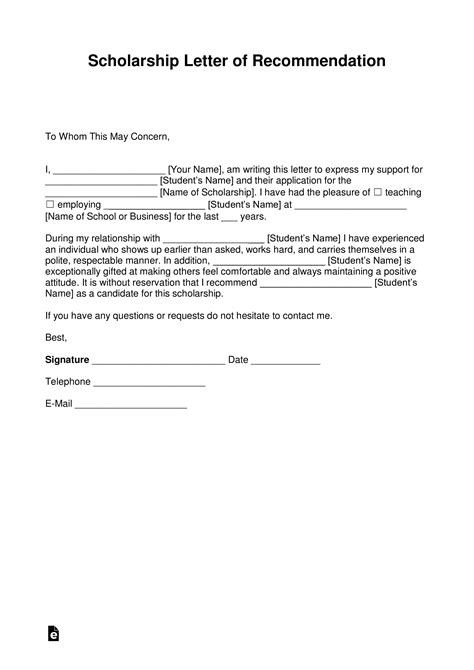 Reference Letter Template For Scholarship