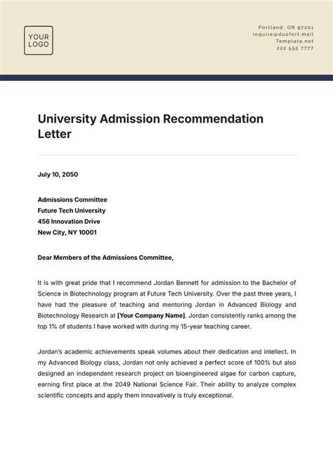 Reference Letter Template For University Admission