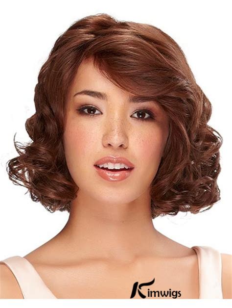 Refined Brown Curly Chin Length Human Hair Wig with Bangs