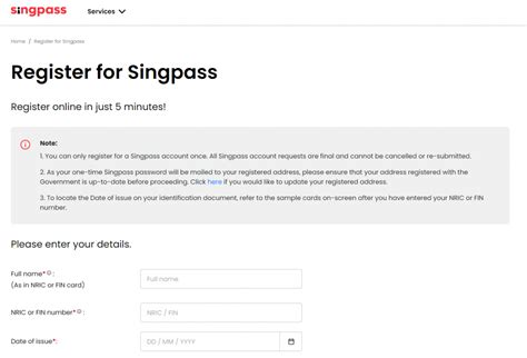 Register for an account on the SingPass website.