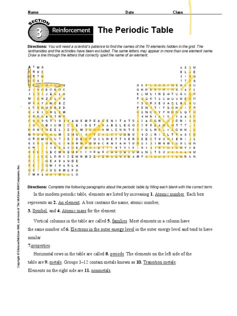 Reinforcement The Periodic Table Word Search Answers Reader