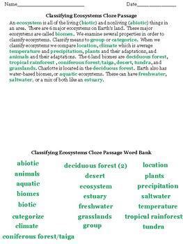 Relationship In Ecosystems Cloze Answer Sheet Doc