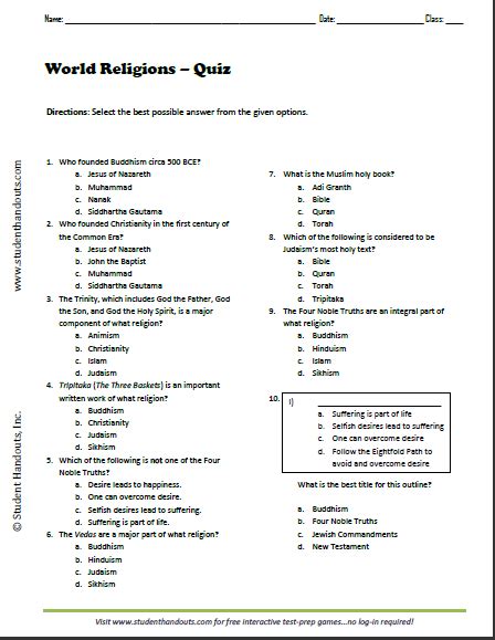 Religion Test Year 6 Answers Reader