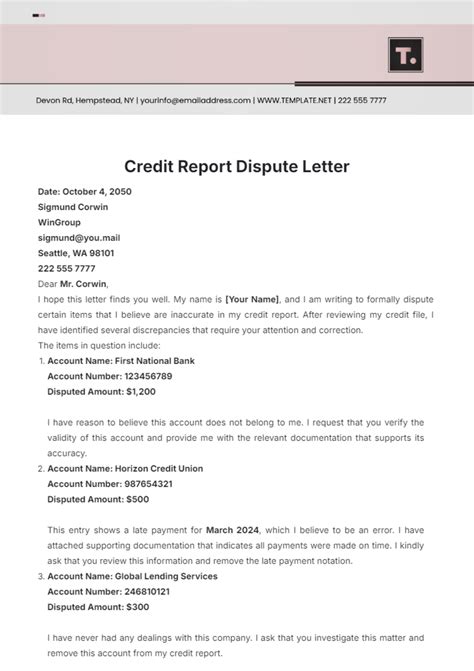 Removal Credit Dispute Letter Template