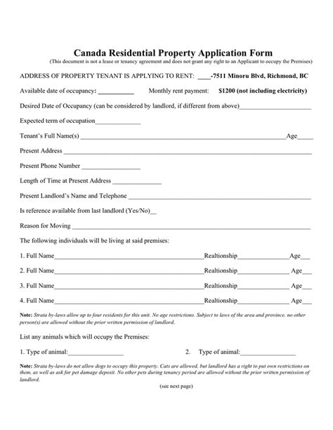 Rental Application Template Bc