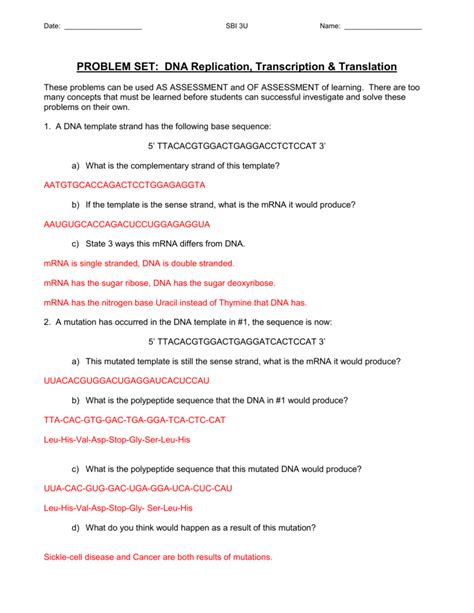 Replication Transcription Translation Practice Problems Answers Epub