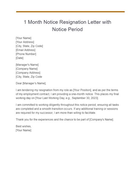 Resignation Letter with Notice Period for One Month