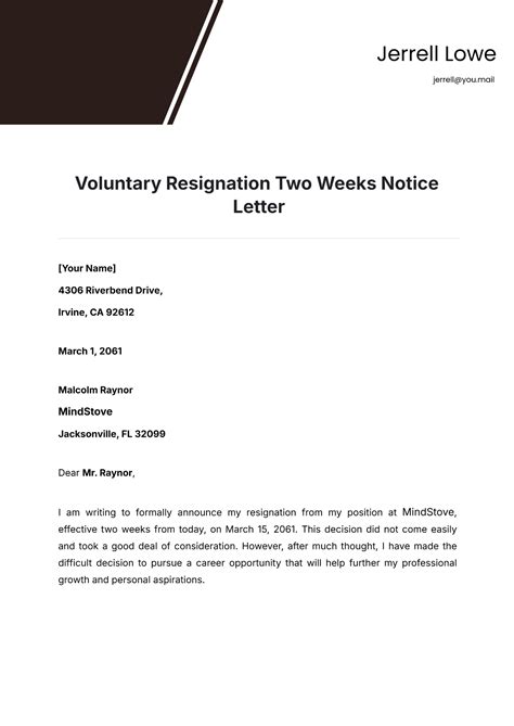 Resignation Template 2 Week Notice Letter