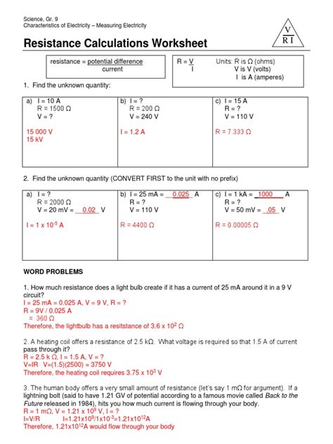 Resistance Calculations Worksheet Answers Doc