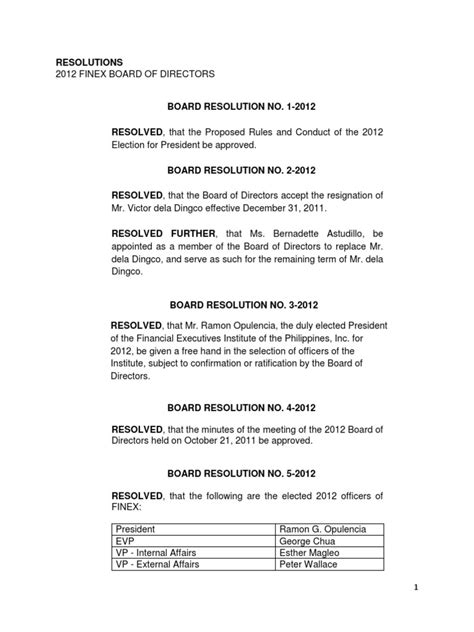 Resolutions 2012 Finex Board Of Directors PDF